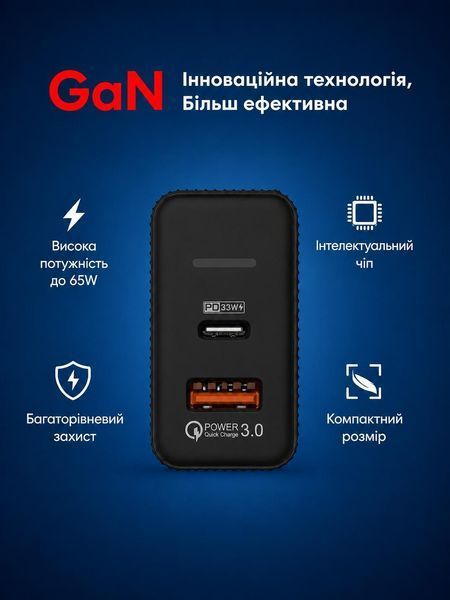 Зарядний пристрій LEXEGO UN-20, 65W, GaN, USB-C, чорний UN-20B фото