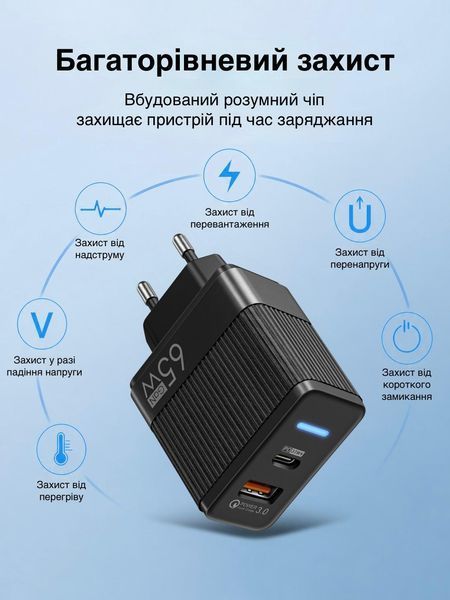 Зарядний пристрій LEXEGO UN-20, 65W, GaN, USB-C, чорний UN-20B фото