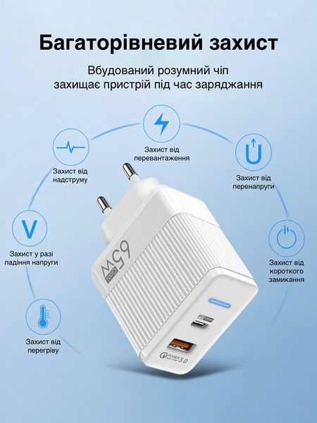 Зарядний пристрій LEXEGO UN-20, 65W, GaN, USB-C, білий UN-20W фото