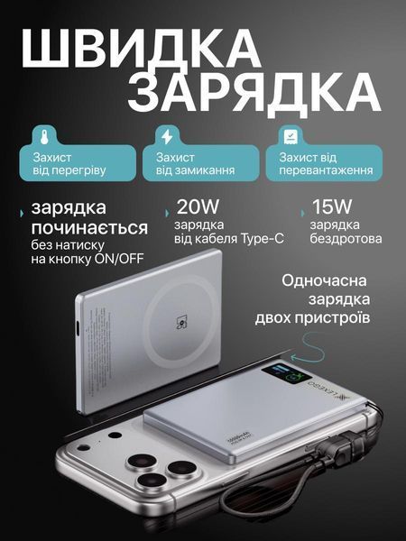 Павербанк магнитный LEXEGO HDL-10, 10000 mAh, MagSafe, 20W, серый HDL-10-GR фото