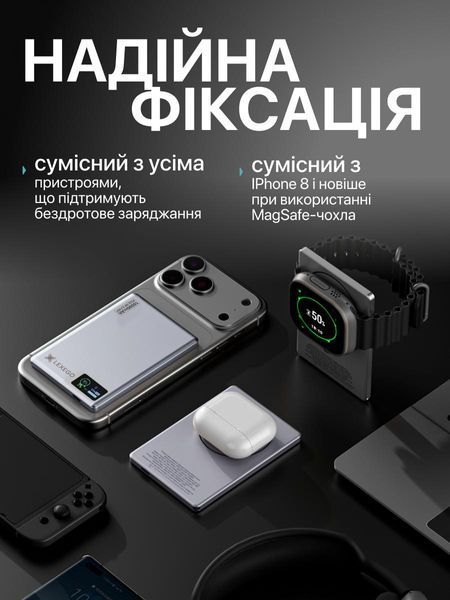 Павербанк магнитный LEXEGO HDL-10, 10000 mAh, MagSafe, 20W, серый HDL-10-GR фото