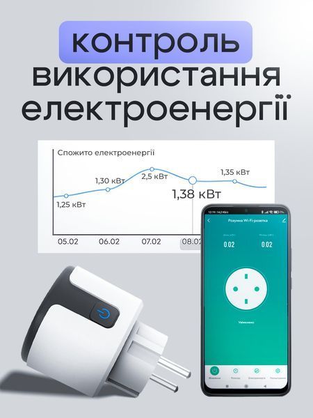 Розумна розетка LEXEGO ST-20A, Wi-Fi, 20A, Tuya, сріблястий ST-20A-S фото