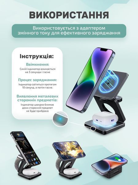 Складана док-станція LEXEGO IW30, 3в1, MagSafe, чорний IW30-B фото