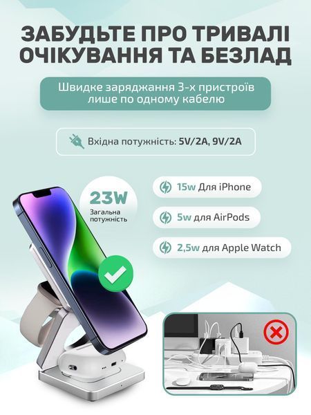 Складная док-станция LEXEGO IW30, 3в1, MagSafe, серебристый IW30-S фото