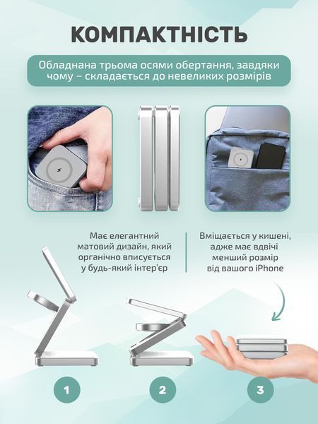 Складная док-станция LEXEGO IW30, 3в1, MagSafe, серебристый IW30-S фото