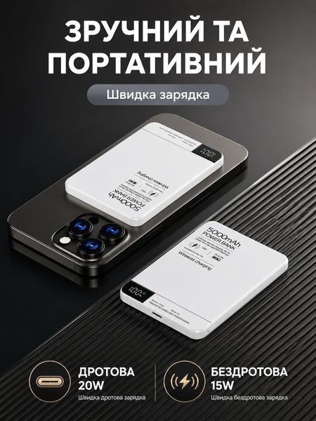 Павербанк магнітний LEXEGO MWPQ1-5, 5000 mAh, MagSafe, 20W, білий MWPQ1-5-W фото